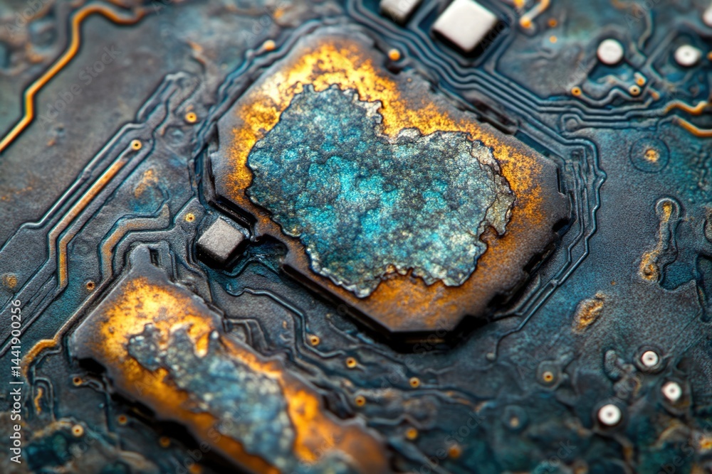 Poster Close-up of a corroded circuit board showcasing intricate patterns and textures of oxidation.