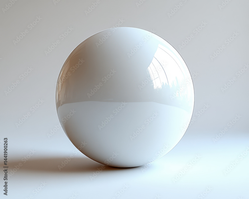 Poster high-quality image of a glossy white sphere isolated on pure white background capturing light reflec