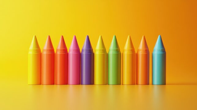 Row of colorful crayons on a bright yellow background