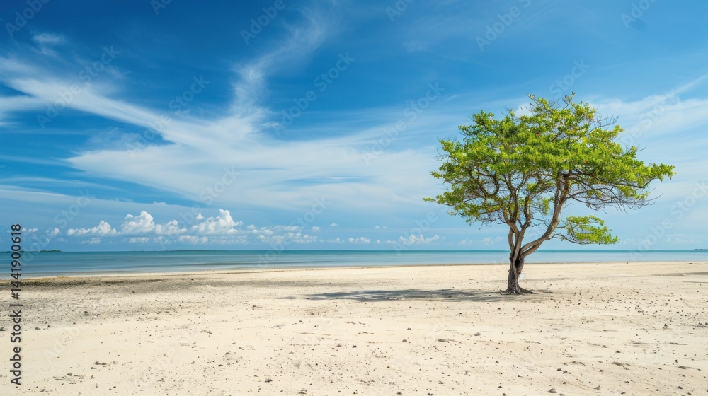 Poster sparse beach with one tree and wide empty sand. stock photo --ar 16:9 --raw --v 6 job id: b02532a0-e