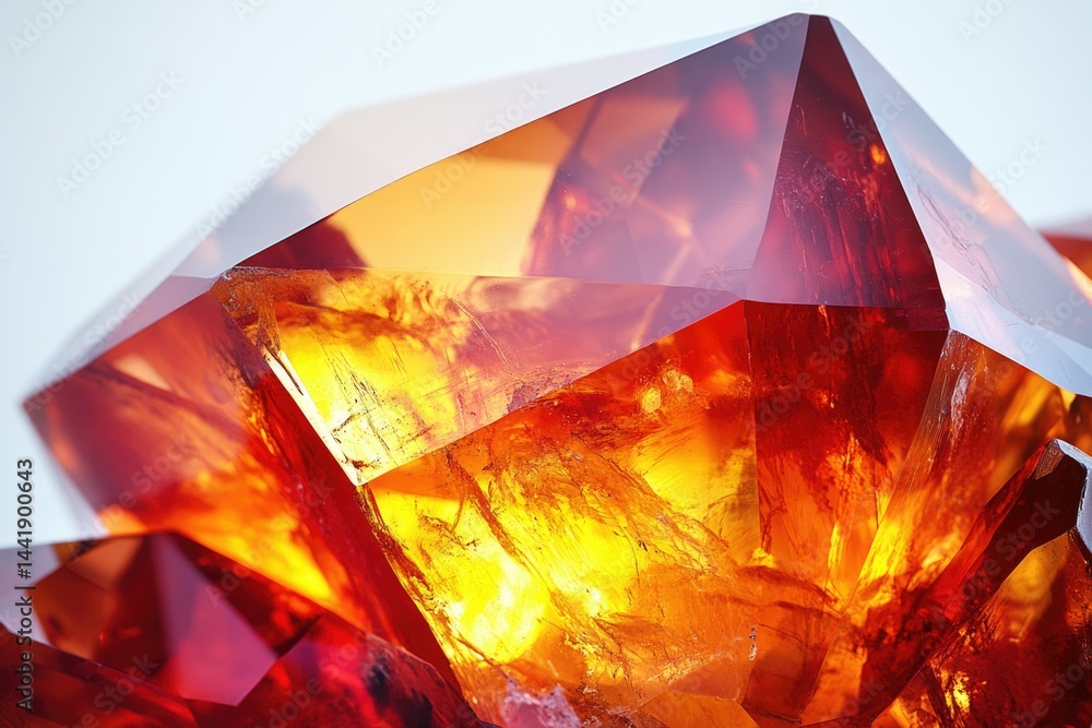Poster close-up of a fiery orange and red crystal cluster, showcasing its intricate facets and internal lig