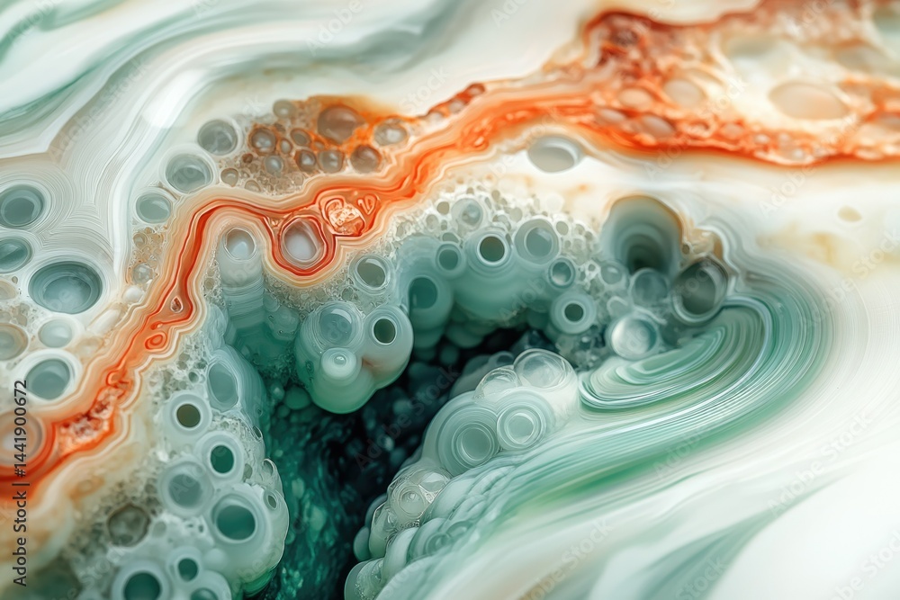 Poster Intricate agate slice reveals mesmerizing swirling patterns and bubble-like formations in teal, white, and orange hues.
