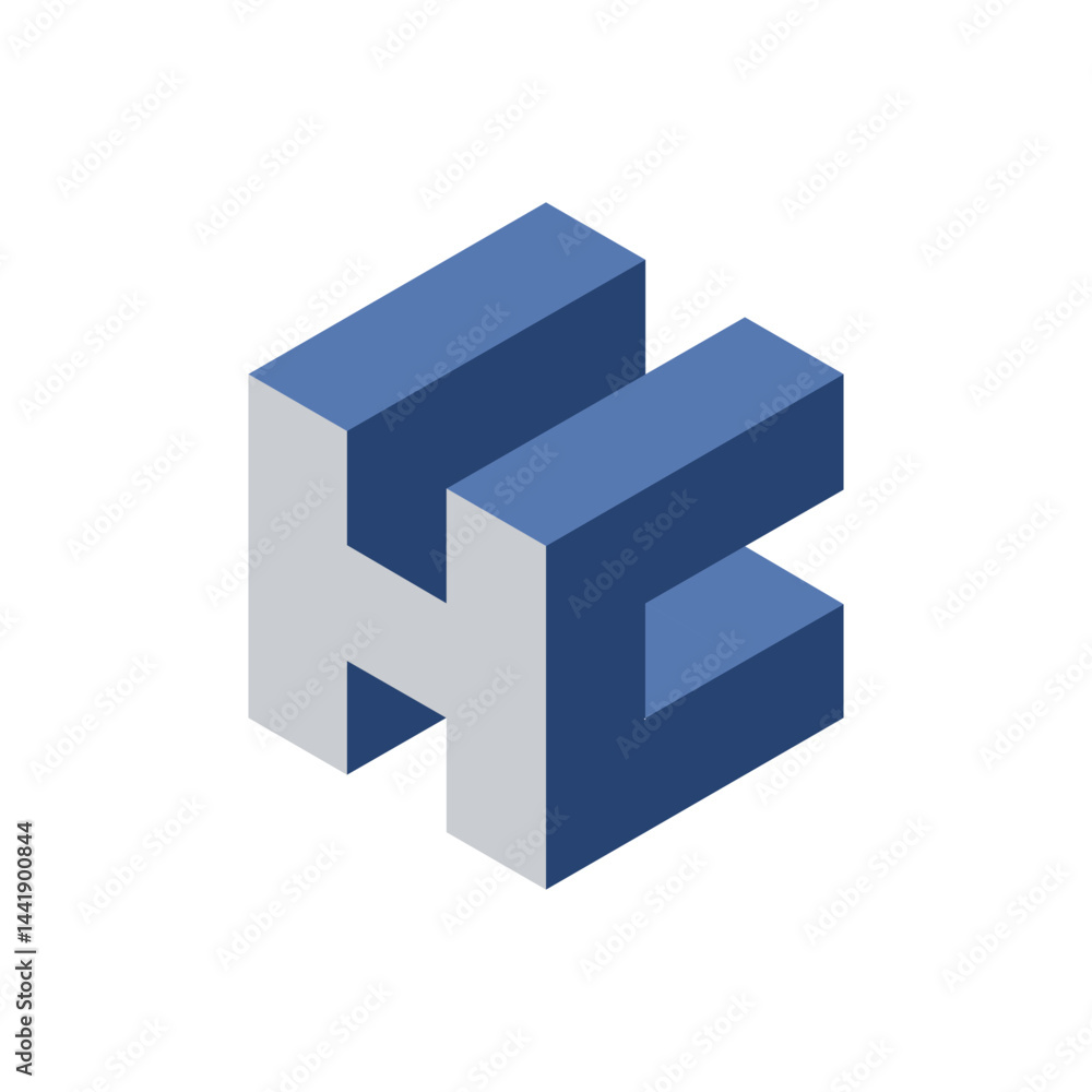 Poster this is a 3d logo design of an initial letter hc in blue tones in block hexagonal shape that looks c