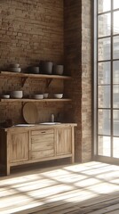 Sunlit rustic kitchen with wooden cabinetry and shelving