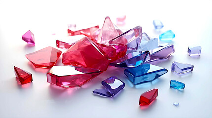 Shards of colored broken glass are scattered in artistic order on a white background.