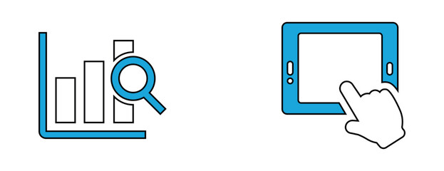 Data Analysis and Touchscreen Interaction Icons Business Analytics and Digital Device Interface Symbols Set in Blue and White