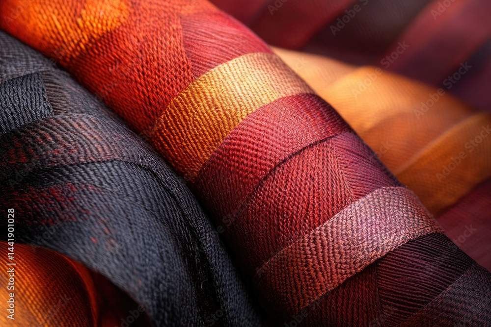 Poster close-up of richly textured fabric rolls in deep reds, oranges, and blacks, showcasing intricate wov