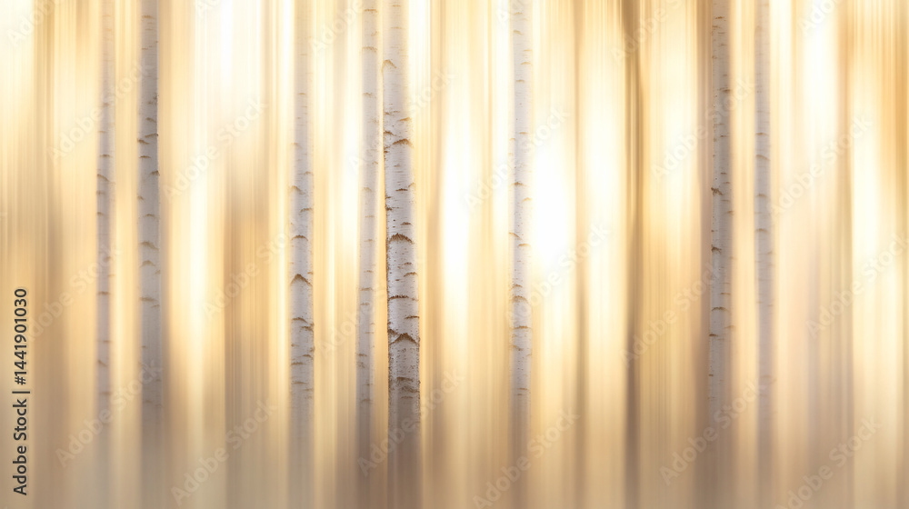 Poster abstract blurred image of birch trees in a forest at sunset, showing vertical lines of light and sha
