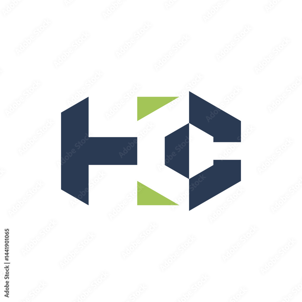 Poster this is a flat logo design of an initial letter hc in green and blue in hexagonal shape that looks c