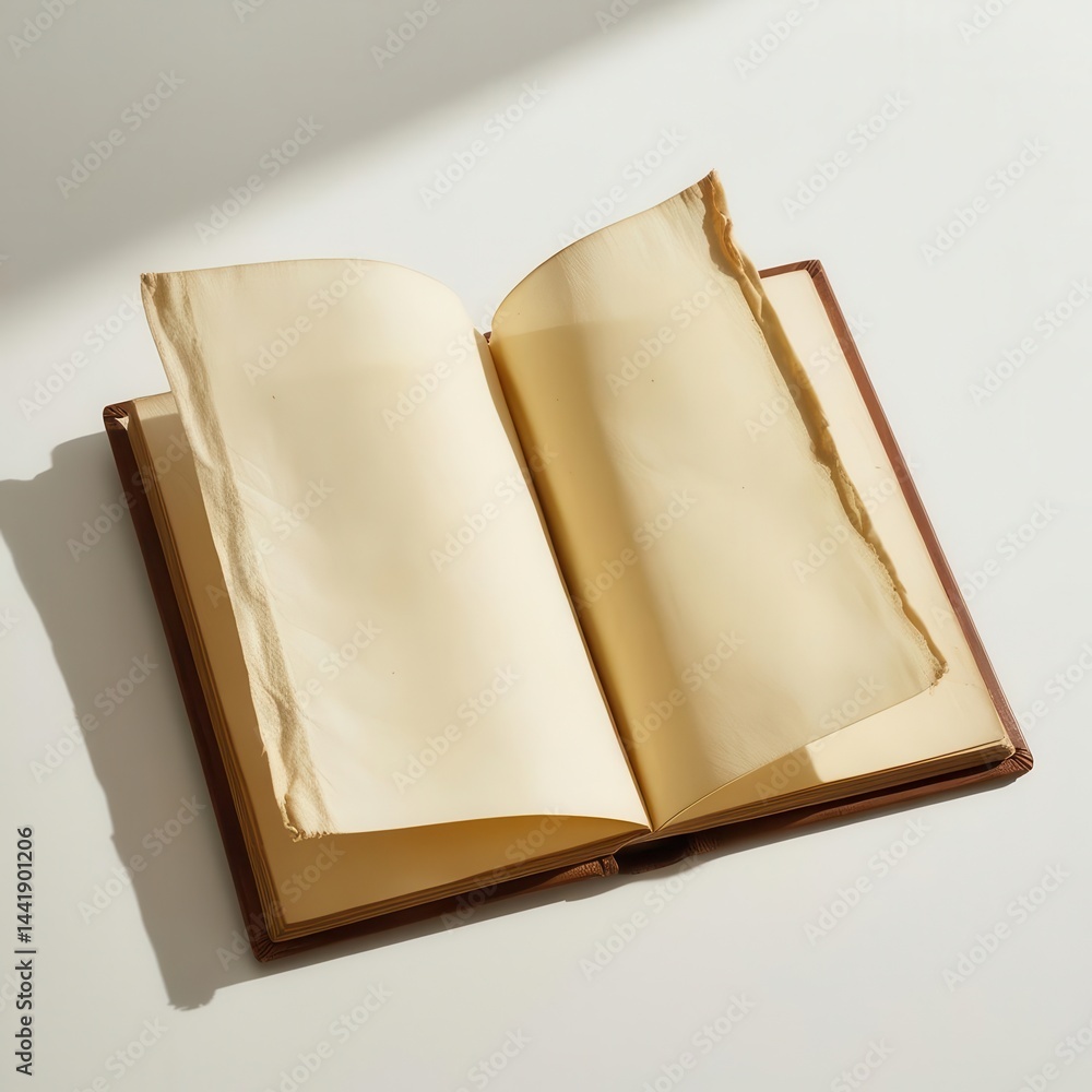 Poster open book with blank pages lying on a surface.
