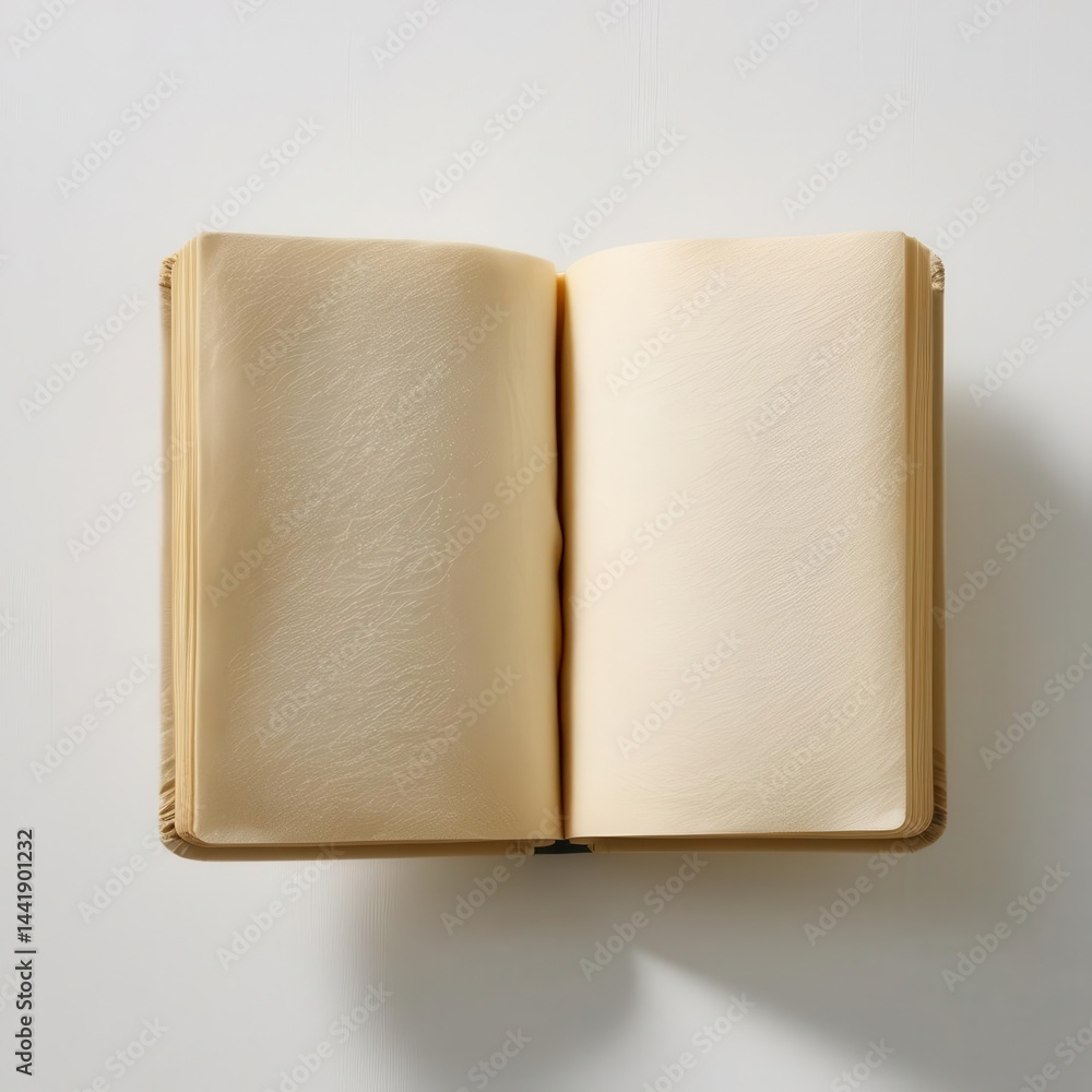 Poster open book with blank pages on a textured surface.
