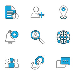 Set of Blue Line Social Media and User Interface Icons Including Profile, Location, Notification, Link, and Chat Symbols