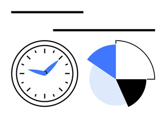Analog clock and segmented pie chart suggesting time tracking, data division, and progress visualization. Ideal for scheduling, efficiency, reporting, productivity, planning, analysis flat simple