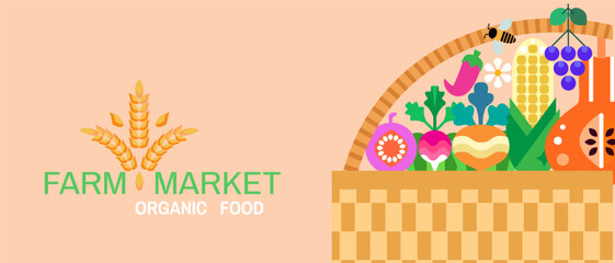 Farmer,s market template banner Vegetables are grown on a private farm Agriculture Vector icon set geometrical illustration	
