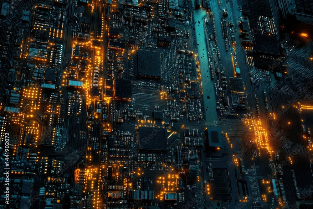Poster A complex circuit board glows with orange lights, showcasing intricate technological design and connectivity.