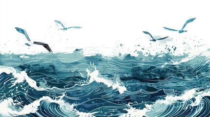 Obraz premium Hand-drawn seascape illustration with waves and birds. stock photo --ar 16:9 --raw --v 6 Job ID: 9284a263-5656-4858-bfab-c7b816c3501e