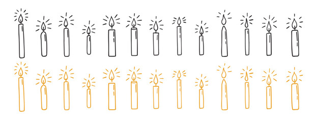 Hanukkah candles doodle hand drawn icon set. Outline Hanukkah candle flame drawing line clipart symbol collection