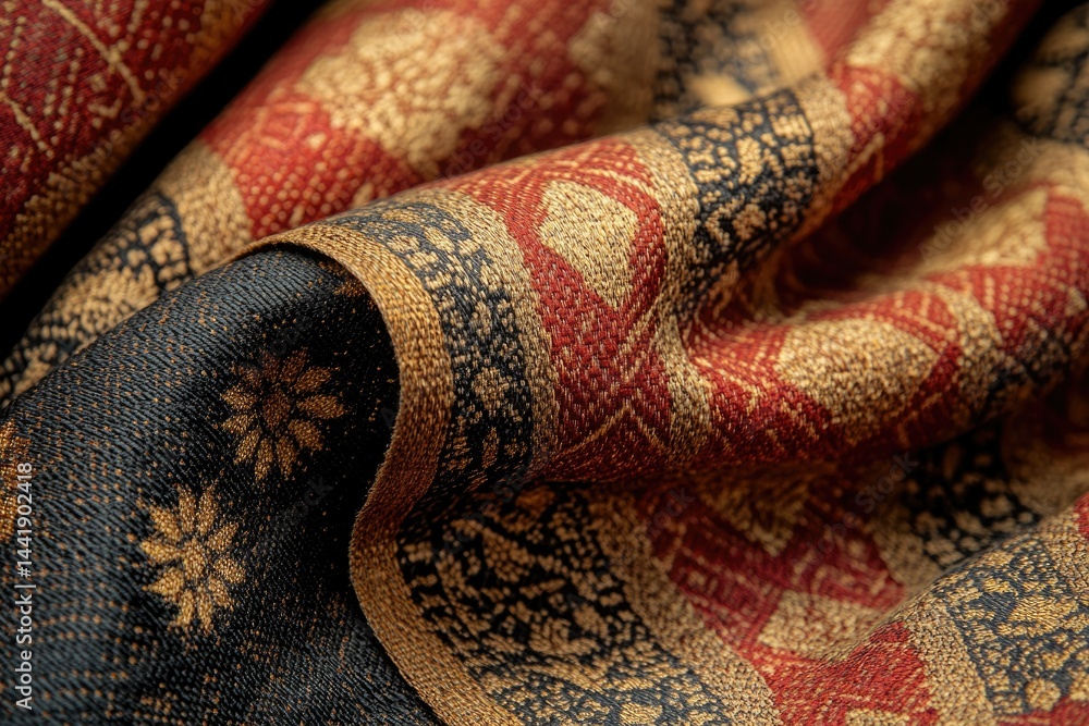 Poster close-up of richly textured fabric with intricate woven patterns in shades of deep red, gold, and bl