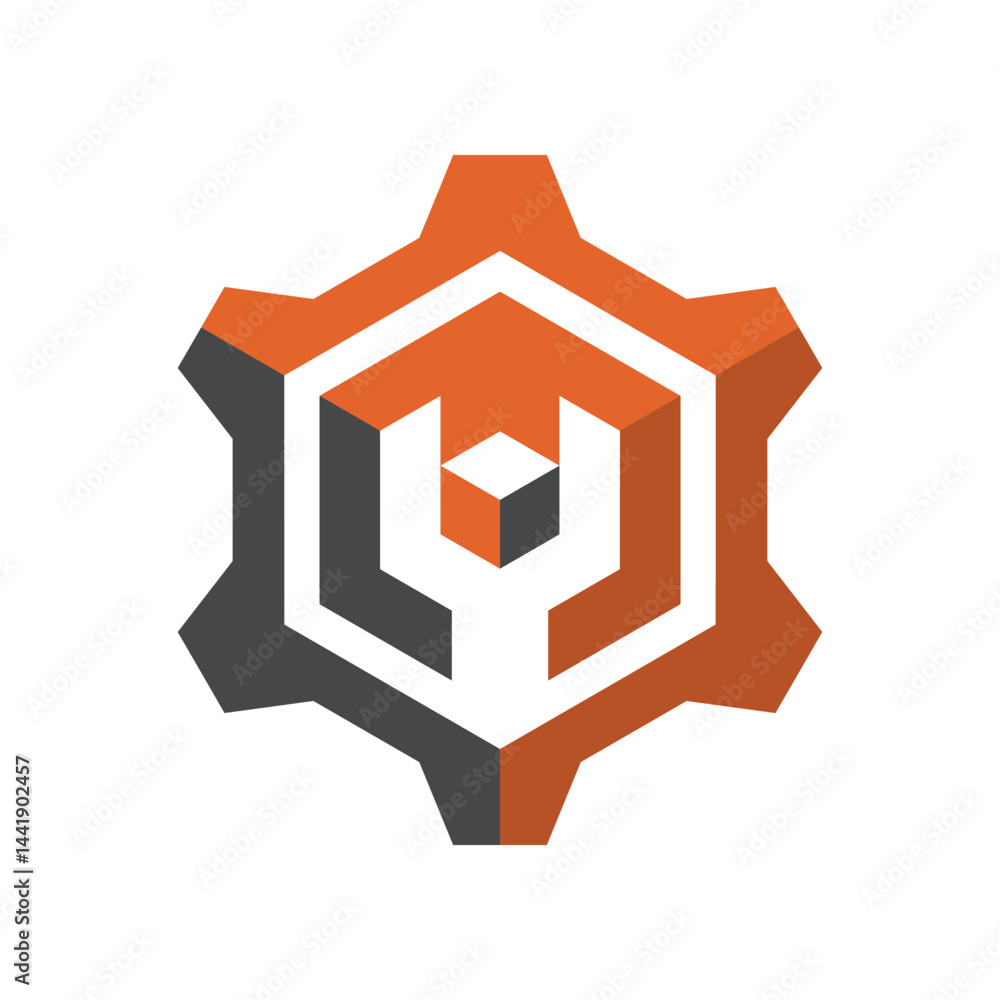 Poster this is a 3d logo design of a wrench and a cube inside a hexagonal cog that looks clean on a white b