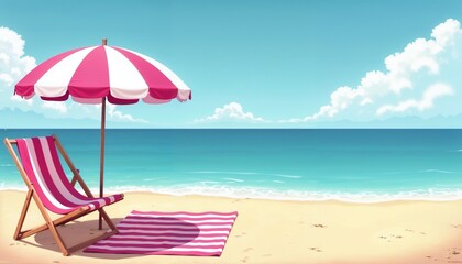 Relaxing beach setting with colorful umbrella and chair under a bright blue sky