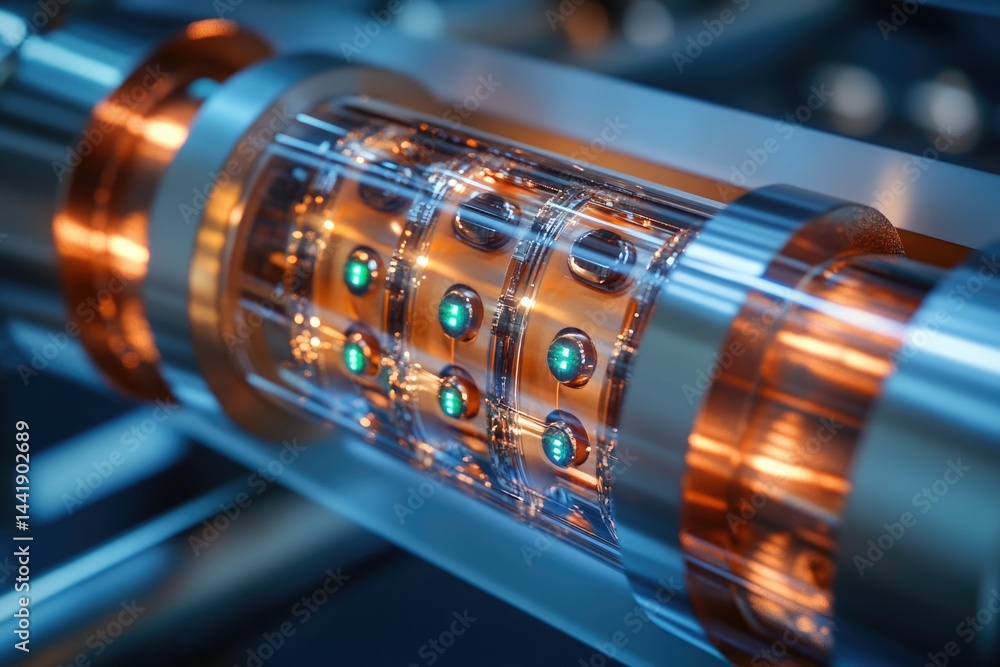 Fototapete Close-up of a futuristic technological device with glowing components, showcasing intricate internal mechanisms.