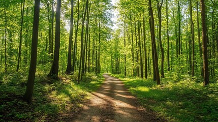 Fototapeta premium Scenic summer forest path sunlight green trees nature day road park calm view woods trail image photo