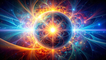 Fototapeta premium Vibrant Cosmic Energy Sphere Abstract Background Glowing Nebula with Bright Light Rays