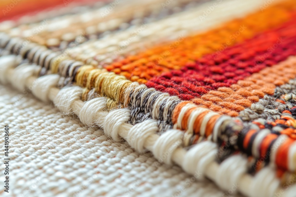 Poster close-up view of a vibrant, multicolored woven rug with intricate details and textured threads.