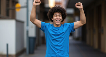 Smiling young man in blue t-shirt with curly hair raising arms in city street. Excitement, victory, positivity. Clothing ads, youth, motivation, celebration, copy space