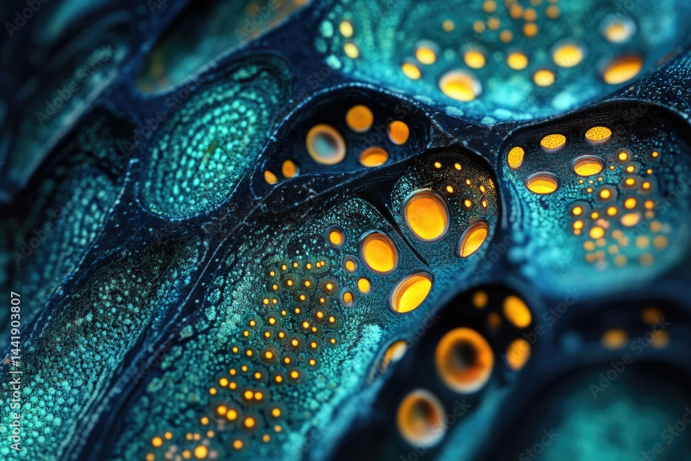 Poster Abstract close-up of a bioluminescent, cavernous structure with glowing orange orbs in a teal matrix.