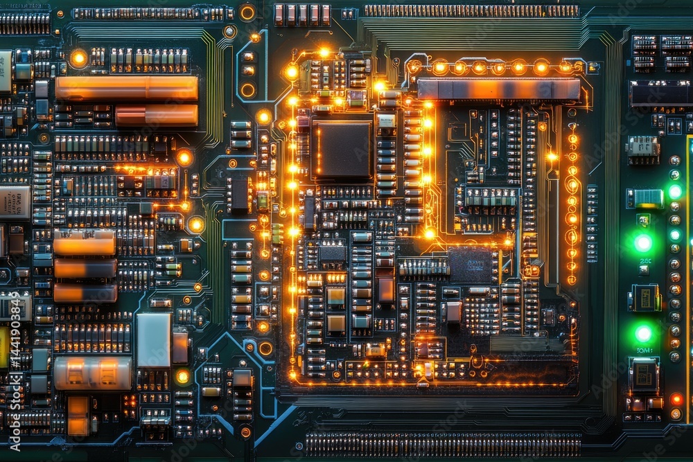 Poster Close-up of a circuit board with glowing components, showcasing intricate electronic circuitry.