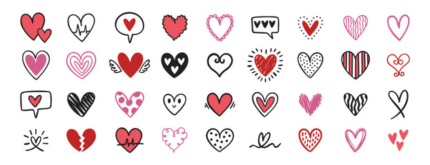 doodle and sketch pink, red heart shape icon set. romantic heart symbol. Hand drawn wedding and valentine day hearts set. love shape elements.