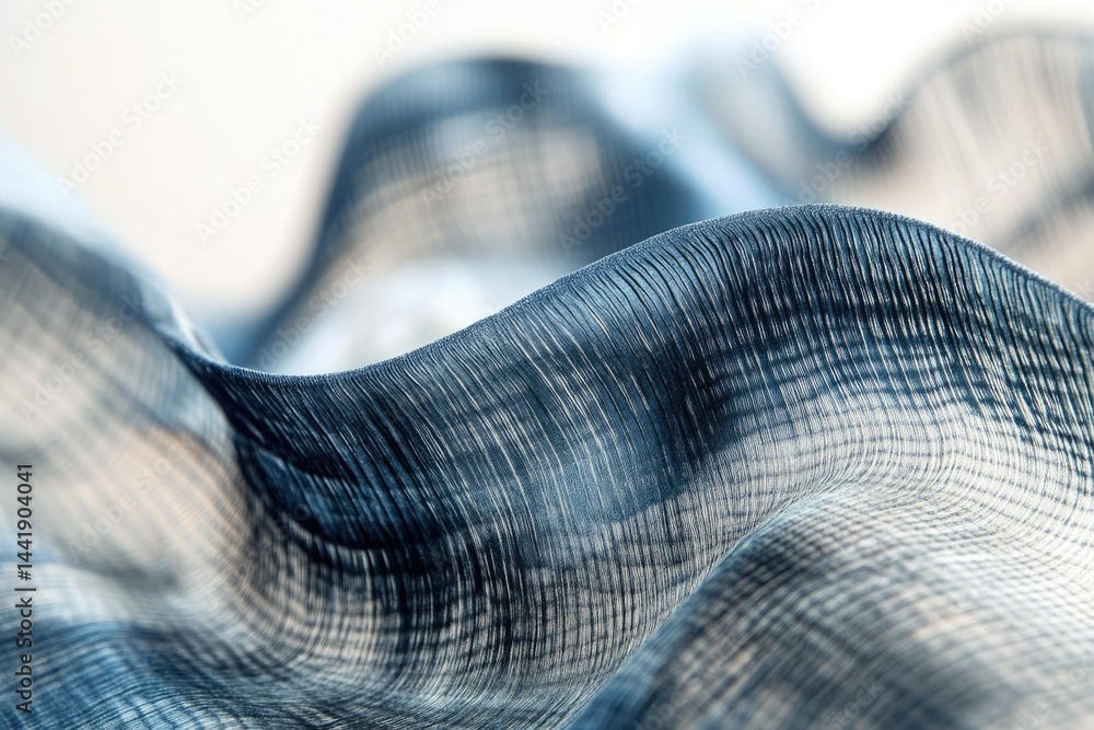 Poster abstract close-up of flowing, textured fabric with a wave-like pattern in shades of blue and white.