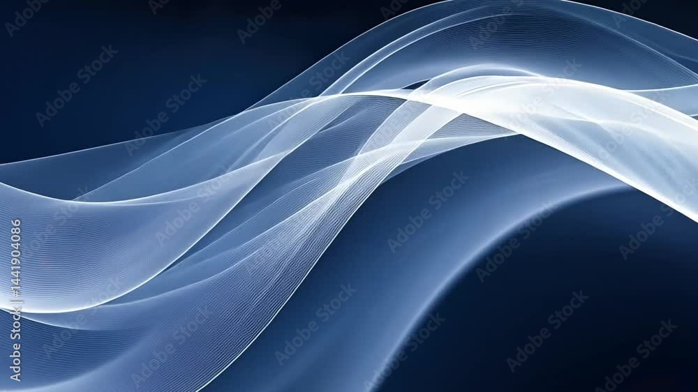Poster dynamic abstract waves translucent blue and white flowing visual design for serene tranquility and m