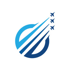 this is a flat logo design of a round shape in blue color with three airplanes flying make a flying formation 