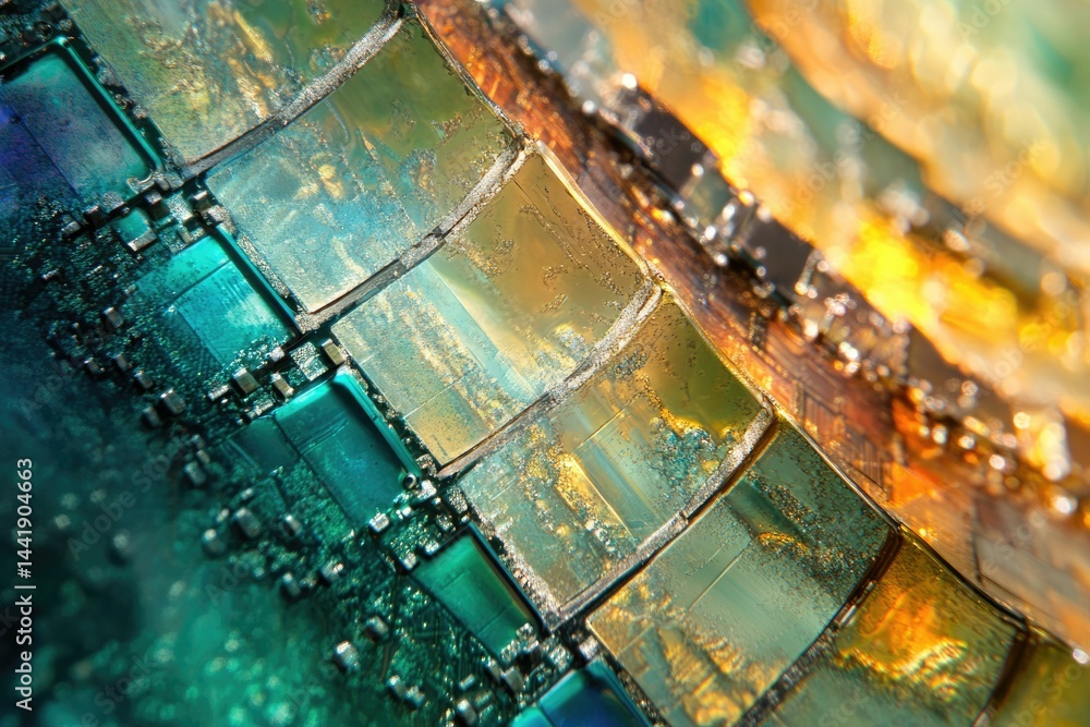 Poster close-up of a mosaic artwork featuring vibrant teal and gold glass tiles, creating a textured, abstr