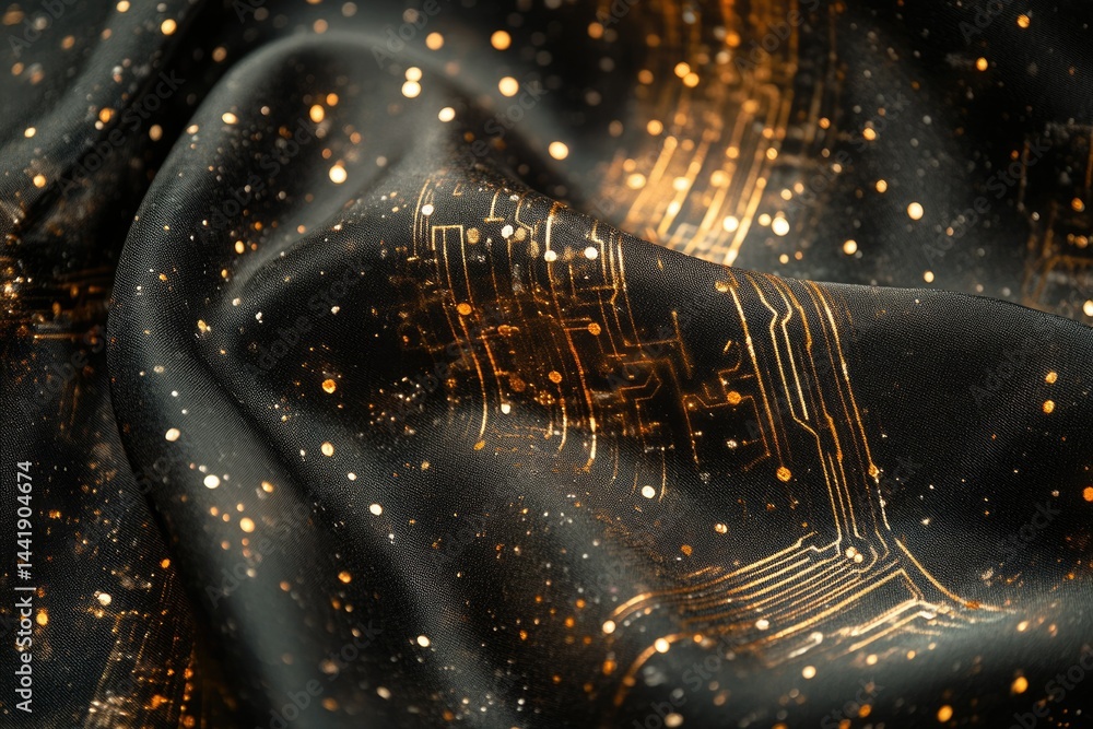 Poster dark fabric with golden circuit pattern and glitter, resembling a technological cosmos.