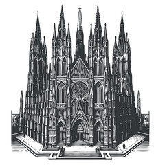A towering Gothic cathedral with detailed stonework, grand spires, and an ancient design symbolizing historical and religious architecture