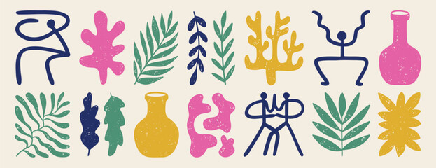 Nature abstract matisse style shapes set. Contemporary doodle art hand drawn silhouette branch, blobs, flowers, human body, leaves. 