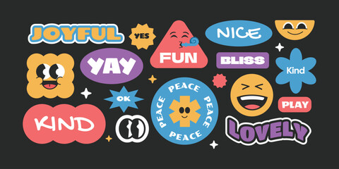 Fototapeta premium Trendy and groovy stickers, patch, badges with good tones vibes words. Collection of colorful funny shape character.