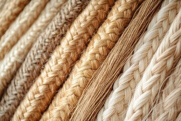 Close-up of intricately braided natural fiber cords in various shades of beige and light brown.