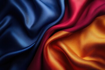 Obraz premium Luxurious silk fabric in shades of deep blue, burgundy, and golden orange, elegantly draped.