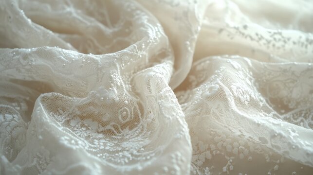 Delicate, intricate image of white lace fabric, showcasing detailed patterns textures focus is on fine craftsmanship elegant design, with background softly blurred to emphasize the lace's intricacy.