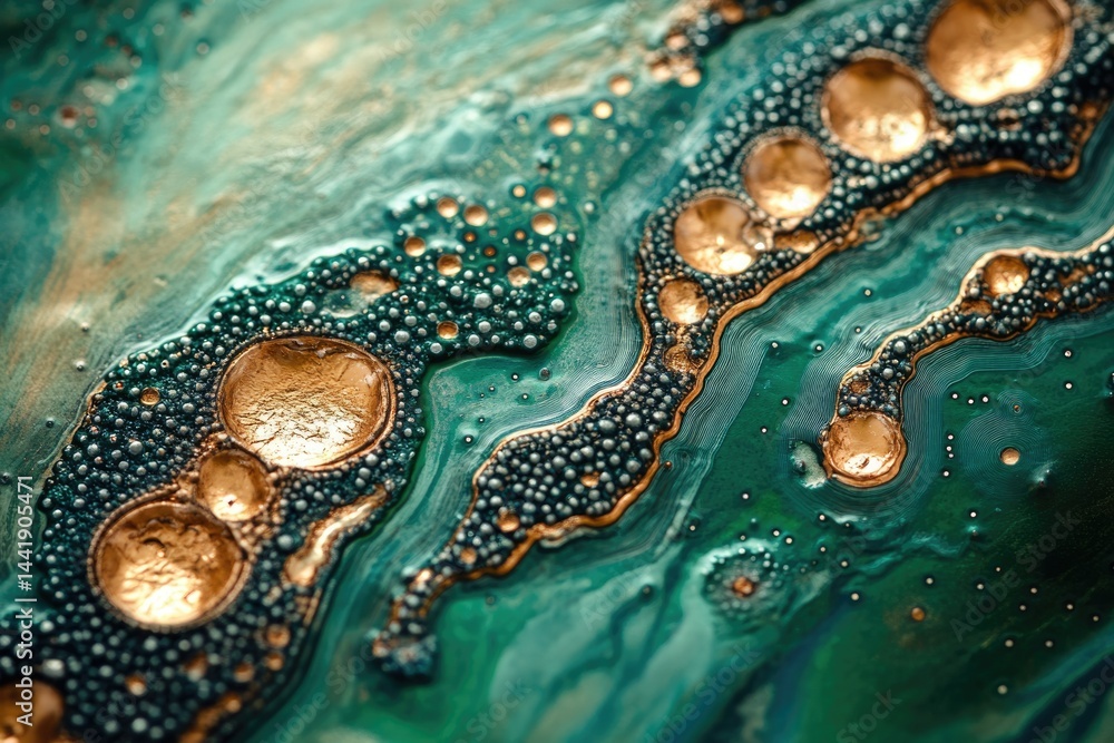Poster Abstract fluid art with teal and gold, showcasing swirling patterns and textured bubbles.