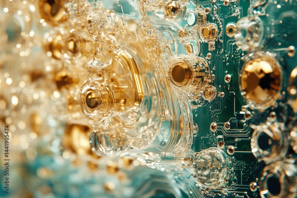 Aufkleber abstract close-up of a transparent, liquid-filled circuit board with gold components, showcasing int