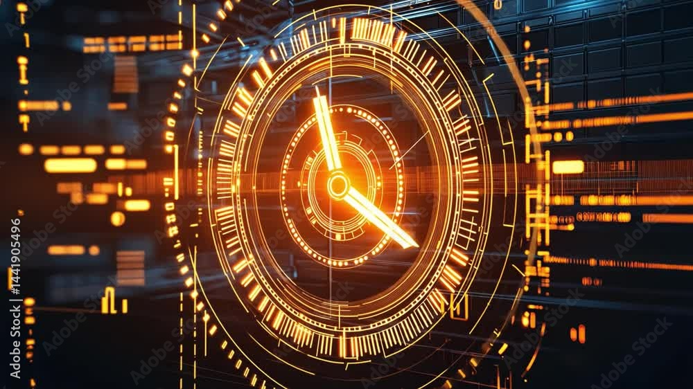 Poster futuristic digital clock high tech interface with glowing orange design, showcasing modern patterns 