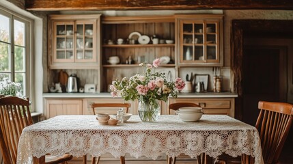 A romantic and vintage-inspired image of guipure lace tablecloth adorning a dining table in a rustic kitchen. The table is set with vintage crockery fresh flowers, creating warm inviting atmosphere