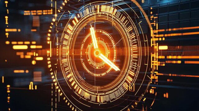 Futuristic Digital Clock High Tech Interface with Glowing Orange Design, Showcasing Modern Patterns and Advanced Technology for Time Management.