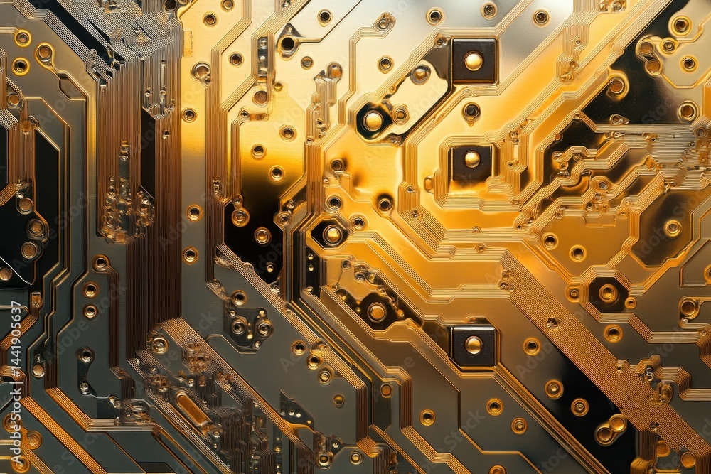 Poster Close-up of a golden circuit board showcasing intricate pathways and components.