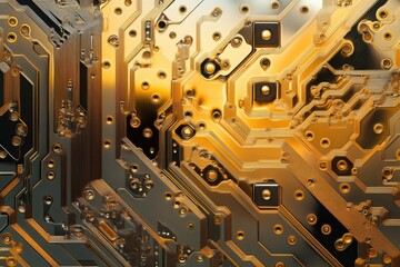 Fototapeta premium Close-up of a golden circuit board showcasing intricate pathways and components.